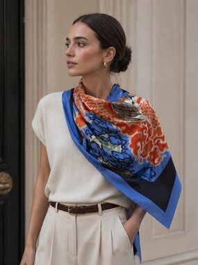 RARE Erté Dream Voyage Silk Scarf Blue Orange Square Art Deco Statement Luxury